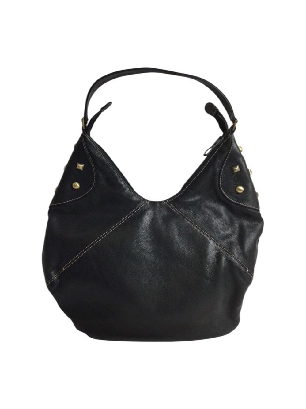 Michael Rome Designs Black Studded Italian Leather Hobo Bag 11”x17”x2”
